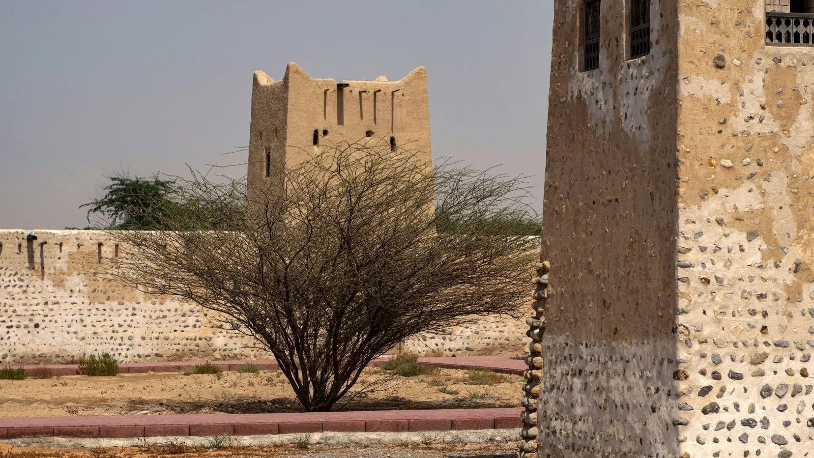 A tall square mud-brick watchtower with crenellations stands behind a bare desert tree, flanked by coral stone and plaster walls under a hazy pale sky.
