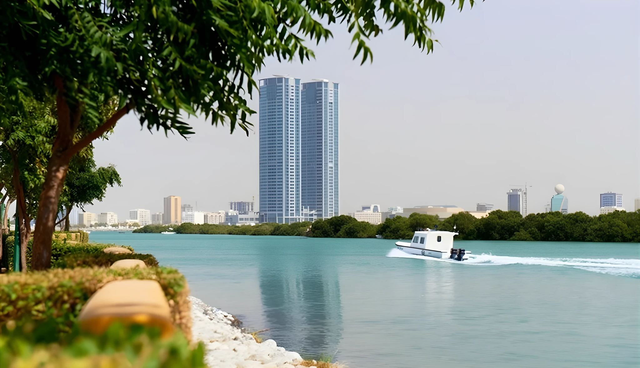 A white motorboat speeds across calm turquoise water, framed by overhanging green tree branches on the left, with twin high-rise towers and a hazy city skyline in the distance.