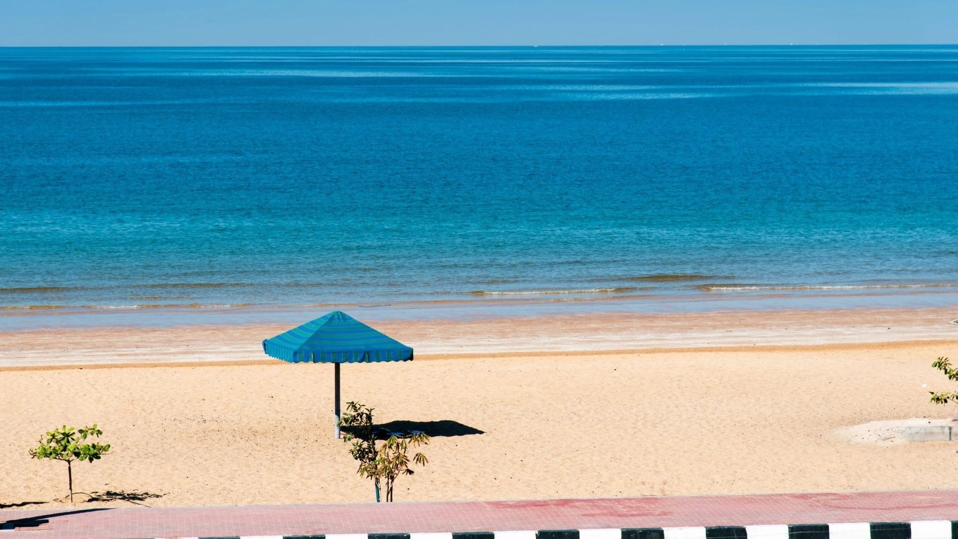 An empty sandy beach with one blue and green striped umbrella, small young trees, a tiled promenade in the foreground, and a calm blue sea beneath a cloudless sky.