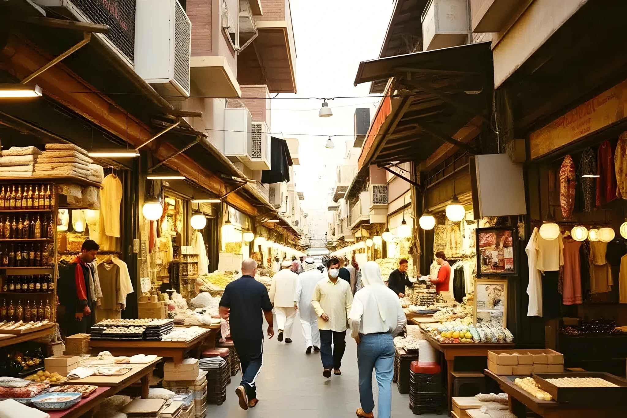 Crowded narrow market street with vendors and shoppers, hanging bulbs, and stalls displaying clothing, spices, and packaged goods on both sides.