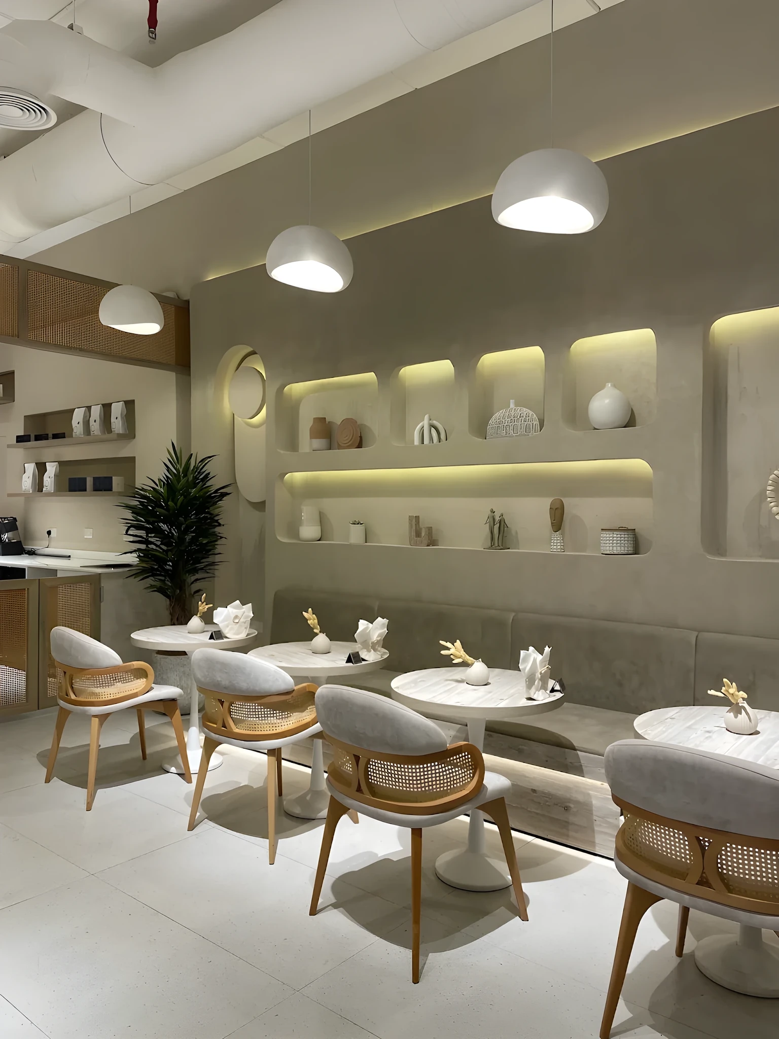Interior of a modern minimalist cafe with beige plaster walls, illuminated recessed shelves holding vases and decor, round white marble tables, upholstered cane-back chairs, dome pendant lights, and a potted plant on light terrazzo flooring.