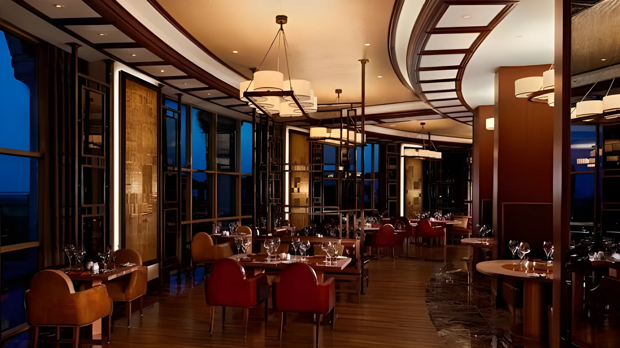 Luxury restaurant interior featuring set dining tables with white linens, red upholstered chairs, polished wood flooring, warm pendant lighting, and tall windows revealing evening sky.
