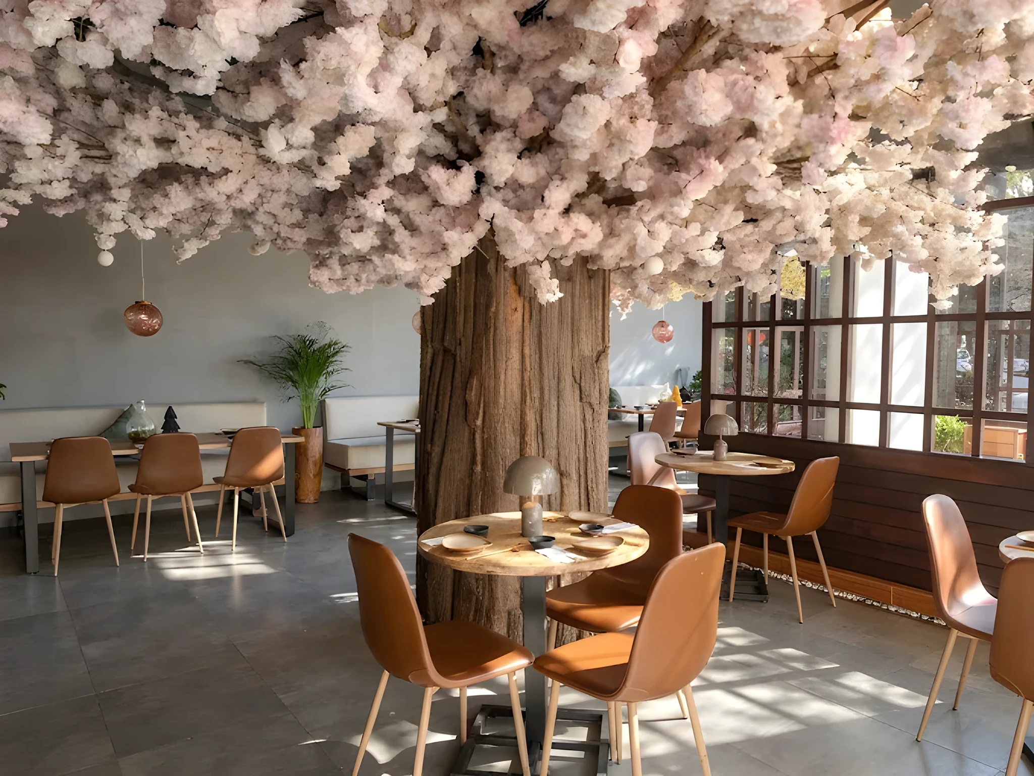 Restaurant interior with a pink artificial cherry blossom tree covering the ceiling, tan leather chairs, round wooden tables, copper pendant lights, and large windows letting in daylight.
