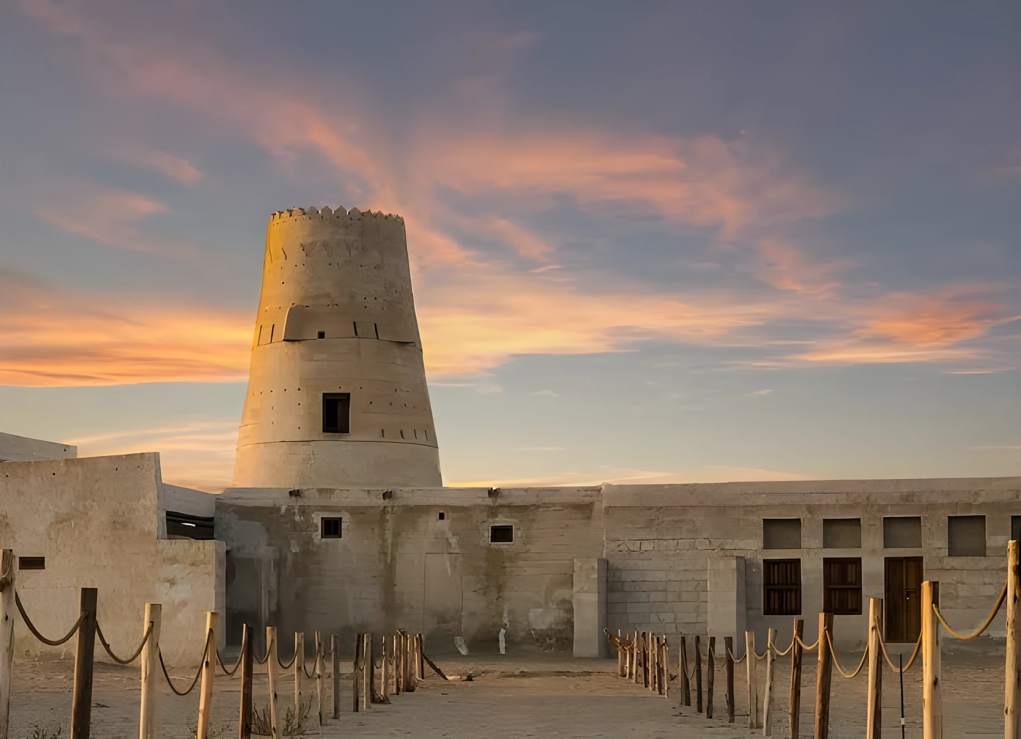 Round crenellated stone watchtower and low walled fort building with wooden doors, fronted by a rope-and-post barrier, beneath a pink and orange sunset sky.
