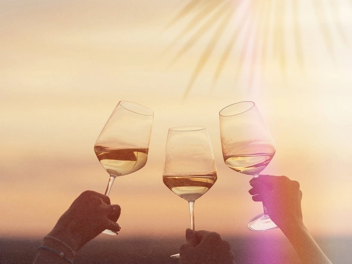 Silhouetted hands hold up three stemmed glasses of drinks in a toast, with a golden sunset sky and a soft-focus palm leaf in the upper right corner.