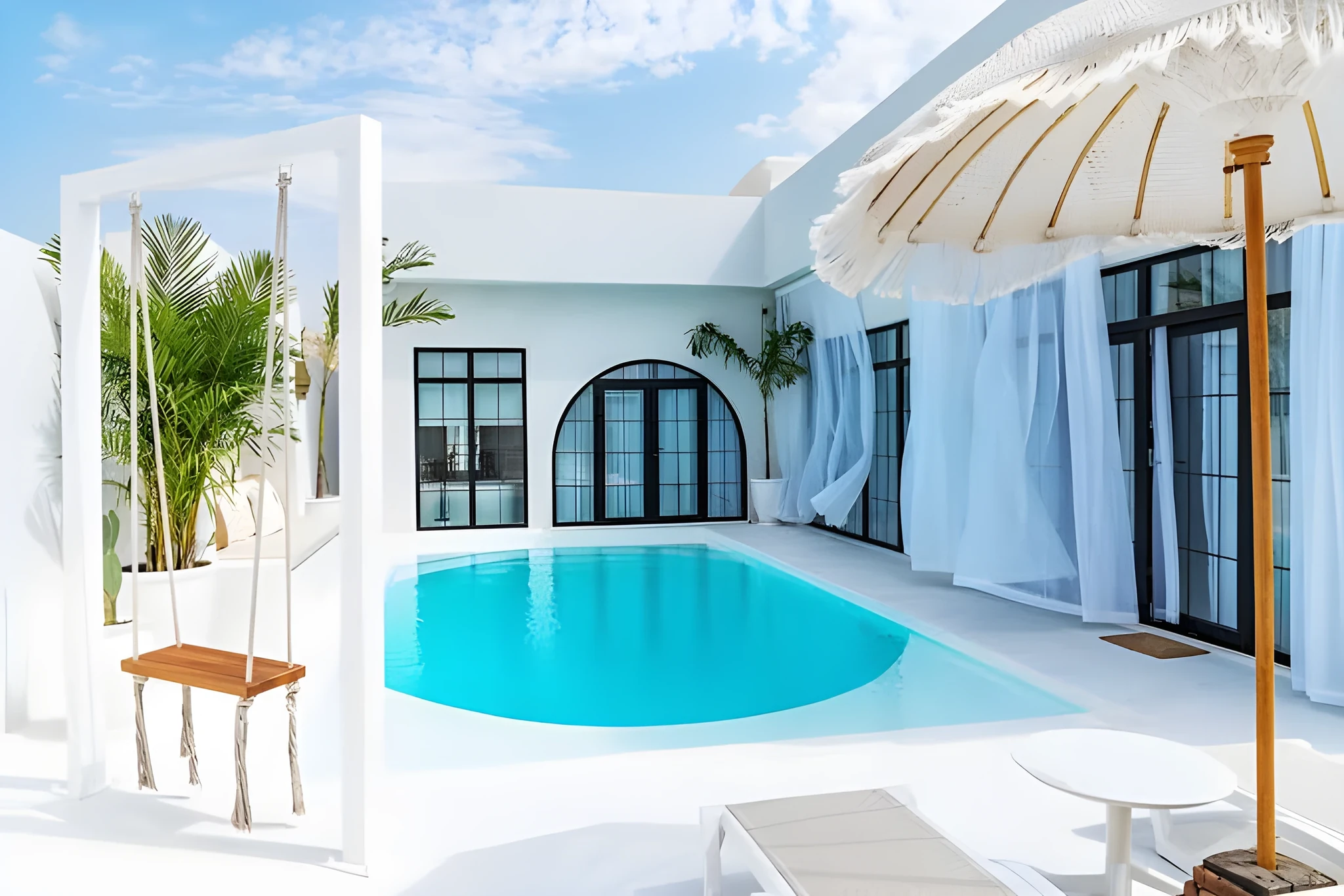 Turquoise swimming pool beside a white villa with arched black-framed windows, a wooden rope swing, a fringed white parasol, sheer light-blue curtains, and a sun lounger.